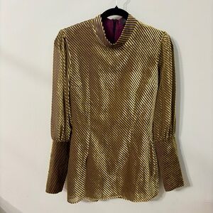 De La Vali Mini Dress with Long Sleeves in Gold Velvet Burgundy Pinstripes